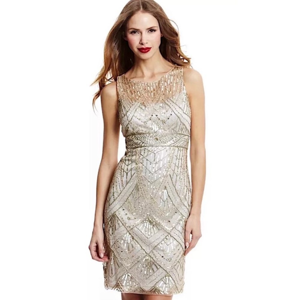 Sue Wong champagne silver beaded sequin bridal formal cocktail dress